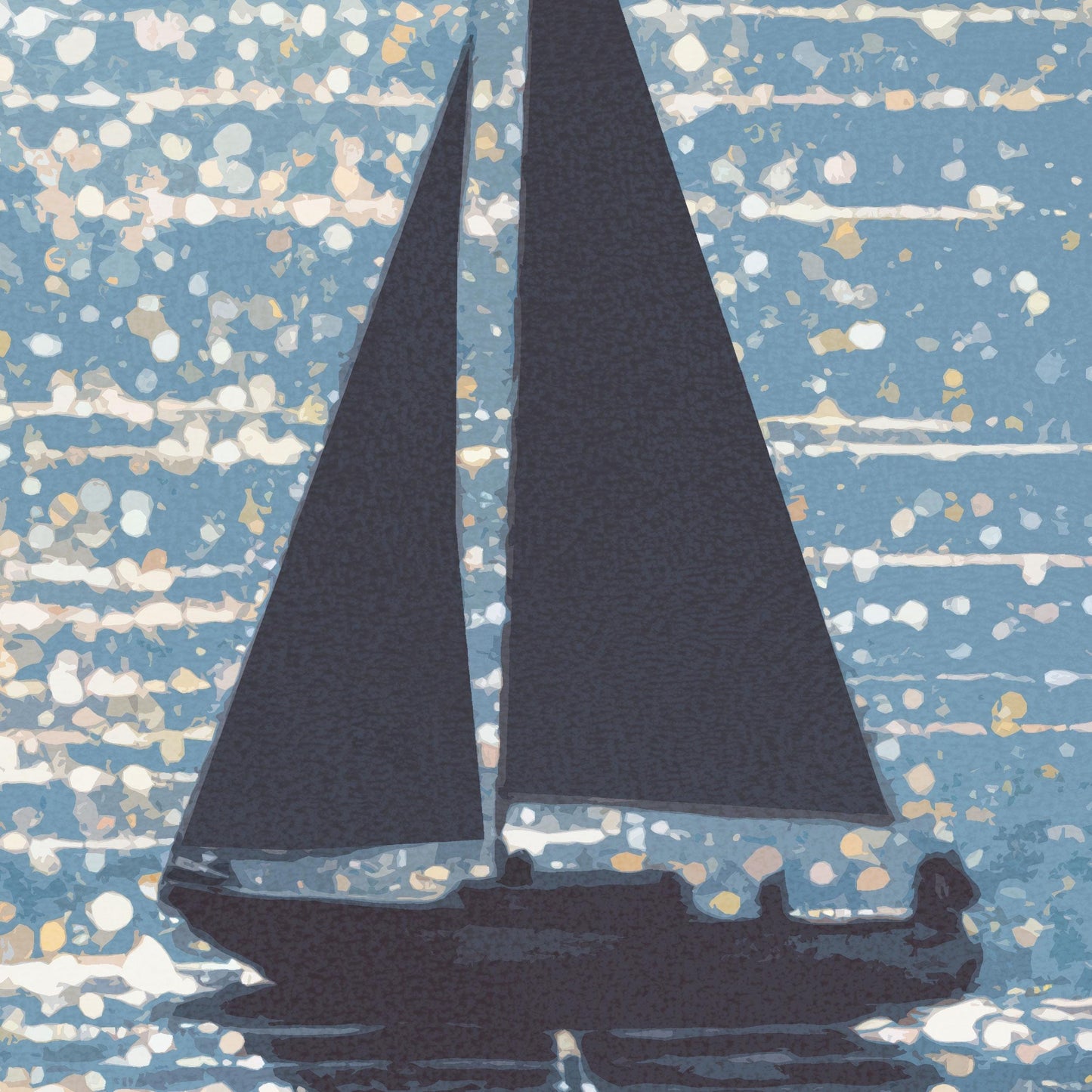 Close-up of a stylized sailboat illustration with deep navy sails set against a shimmering sea. The water is rendered in soft blue tones with abstract white and gold light reflections, creating a dreamy, sunlit atmosphere with a painterly texture.