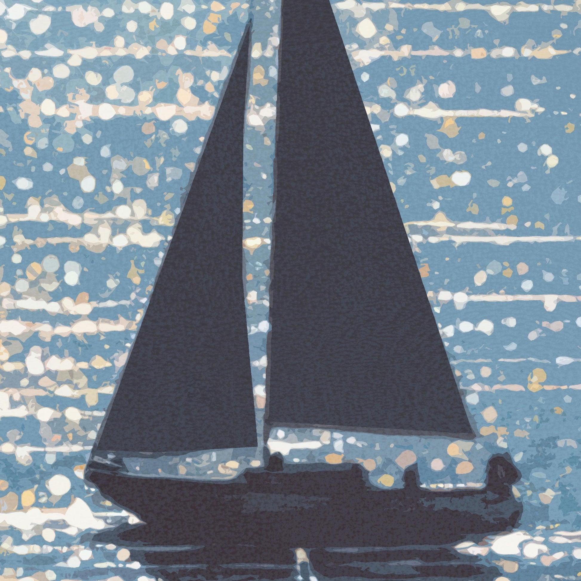 Close-up of a stylized sailboat illustration with deep navy sails set against a shimmering sea. The water is rendered in soft blue tones with abstract white and gold light reflections, creating a dreamy, sunlit atmosphere with a painterly texture.