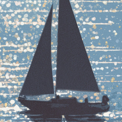Close-up of a stylized sailboat illustration with deep navy sails set against a shimmering sea. The water is rendered in soft blue tones with abstract white and gold light reflections, creating a dreamy, sunlit atmosphere with a painterly texture.
