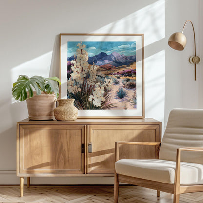 Framed desert landscape painting featuring blooming yucca plants, sandy hills, and purple-hued mountains under a bright blue sky, displayed on a wooden cabinet beside potted plants in a sunlit modern living room.