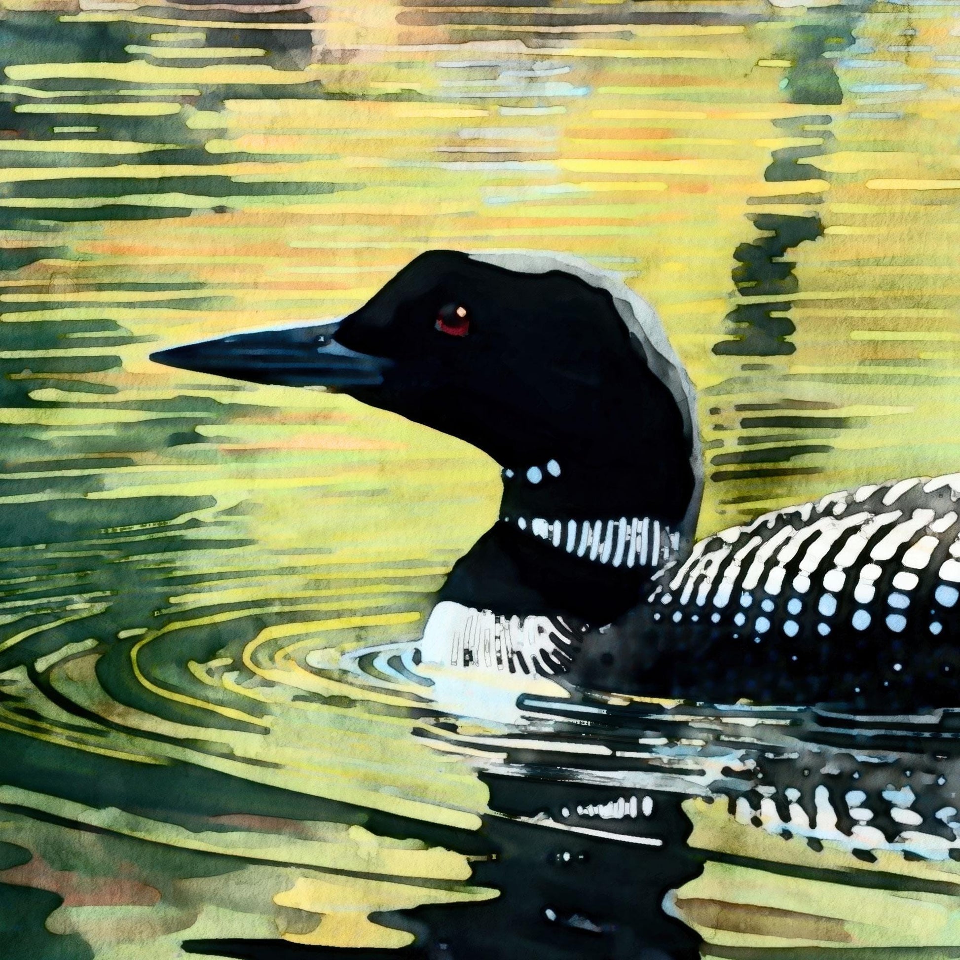 Close-up watercolor painting of a common loon gliding through rippling golden-green water. The bird’s red eye, sleek black head, and distinctive white-spotted plumage are rendered in luminous detail, with gentle reflections creating a serene, nature-inspired composition.