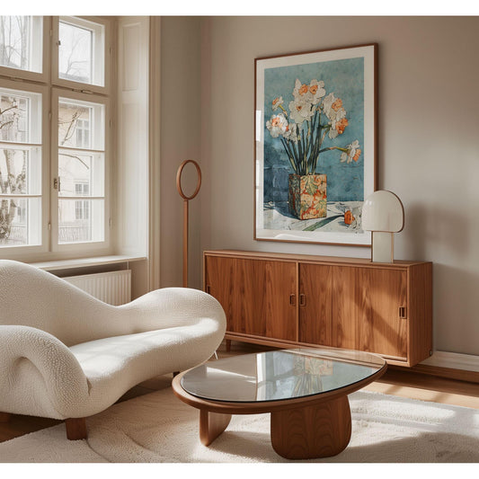 Modern living room with a large framed floral art print on the wall, featuring white daffodils with orange centers in a patterned vase against a blue background. The space includes a curvy white sofa, wooden sideboard with a sculptural lamp, and a glass-top coffee table, styled in warm mid-century tones.