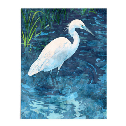 Watercolor illustration of a white egret standing in shallow rippling blue water, surrounded by tall green reeds, with reflections and swirling patterns suggesting gentle movement in the pond.