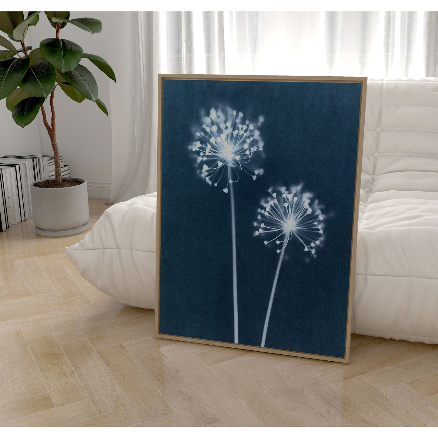 Blue Minimalist Dandelion Flower Cyanotype Reproduction Print