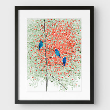 Bluebirds in Autumn Maple Tree Art Print