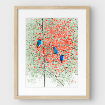 Bluebirds in Autumn Maple Tree Art Print