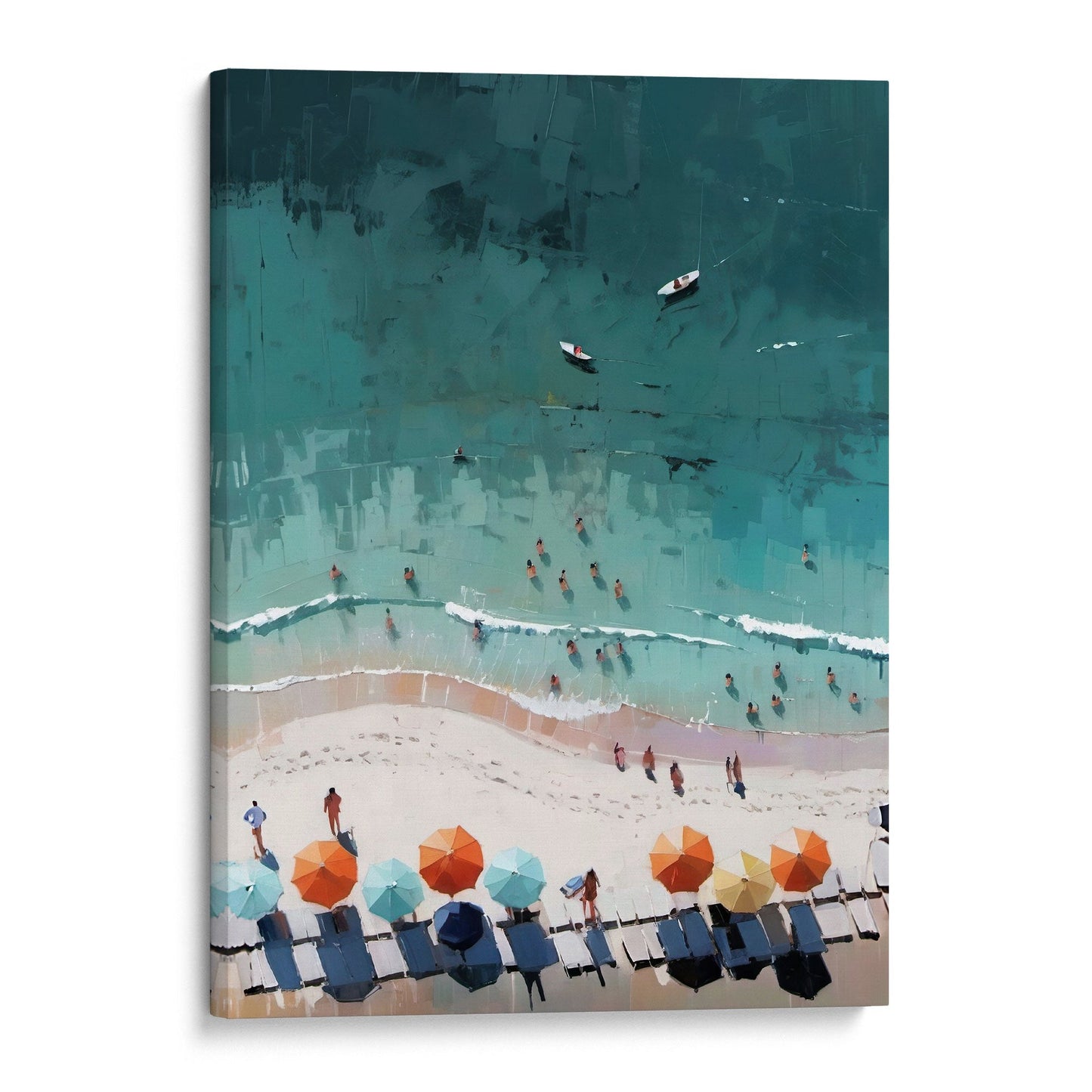 Abstract aerial view of a beach with sunbathers in the turquoise water, orange and blue umbrellas on the sand, and two boats in the sea. Painting printed on gallery wrap canvas.