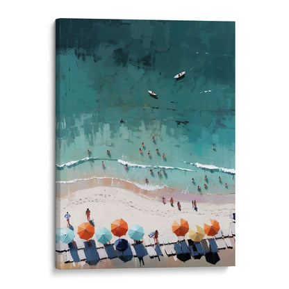 Abstract aerial view of a beach with sunbathers in the turquoise water, orange and blue umbrellas on the sand, and two boats in the sea. Painting printed on gallery wrap canvas.