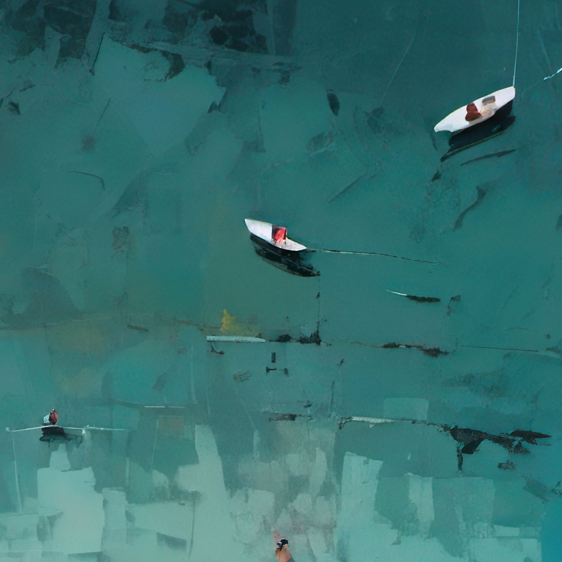 Close up of abstract aerial view of a beach with sunbathers in the turquoise water, orange and blue umbrellas on the sand, and two boats in the sea.