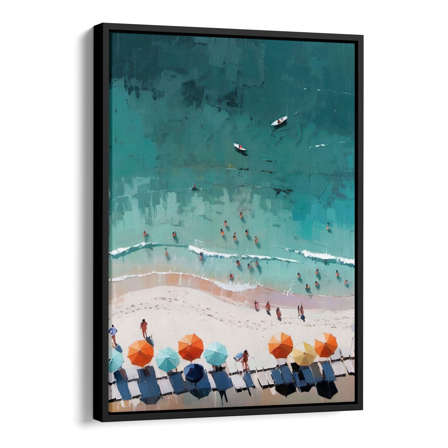 Abstract aerial view of a beach with sunbathers in the turquoise water, orange and blue umbrellas on the sand, and two boats in the sea. Painting printed on gallery wrap canvas in black floater frame.