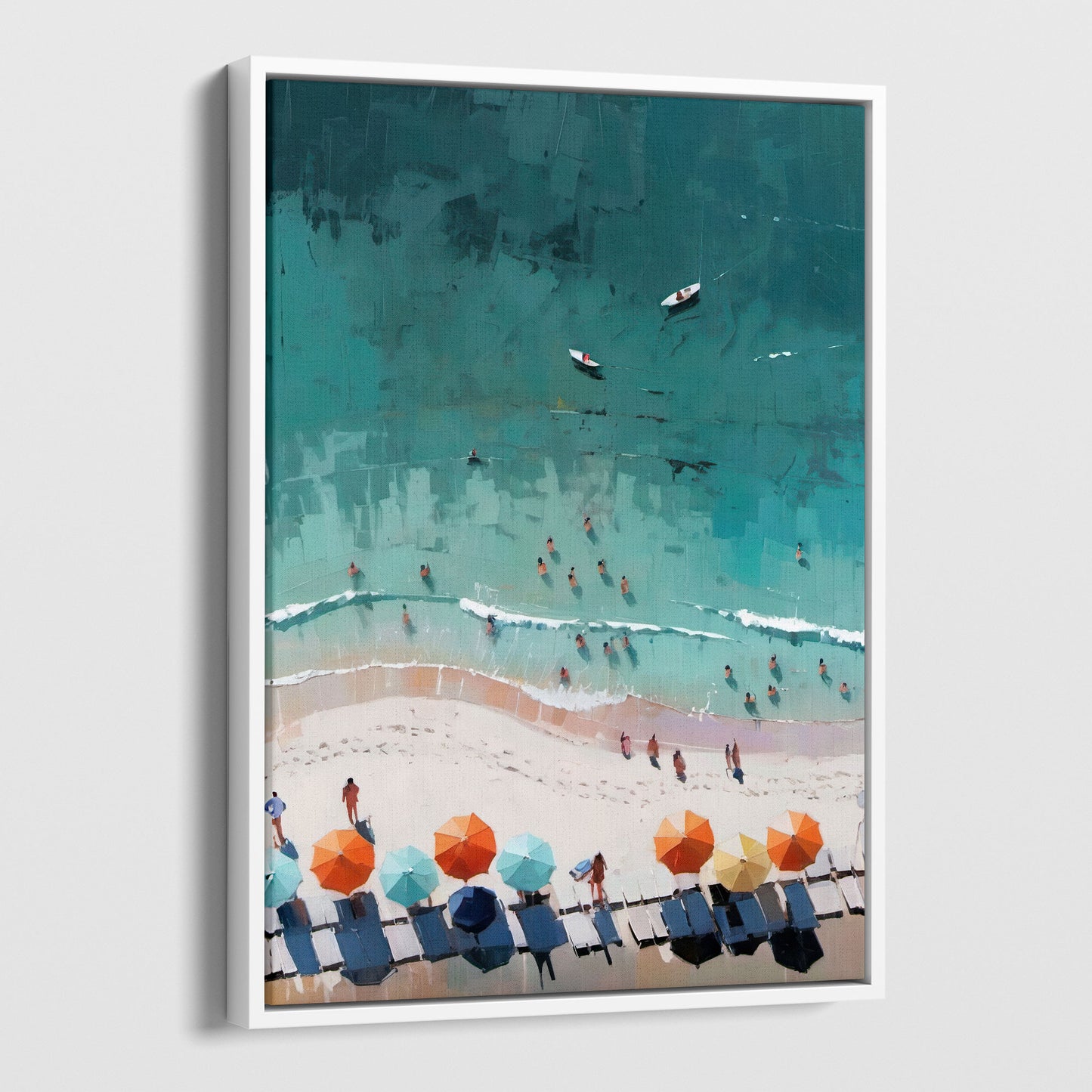 Abstract aerial view of a beach with sunbathers in the turquoise water, orange and blue umbrellas on the sand, and two boats in the sea. Painting printed on gallery wrap canvas in white floater frame.