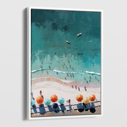 Abstract aerial view of a beach with sunbathers in the turquoise water, orange and blue umbrellas on the sand, and two boats in the sea. Painting printed on gallery wrap canvas in white floater frame.