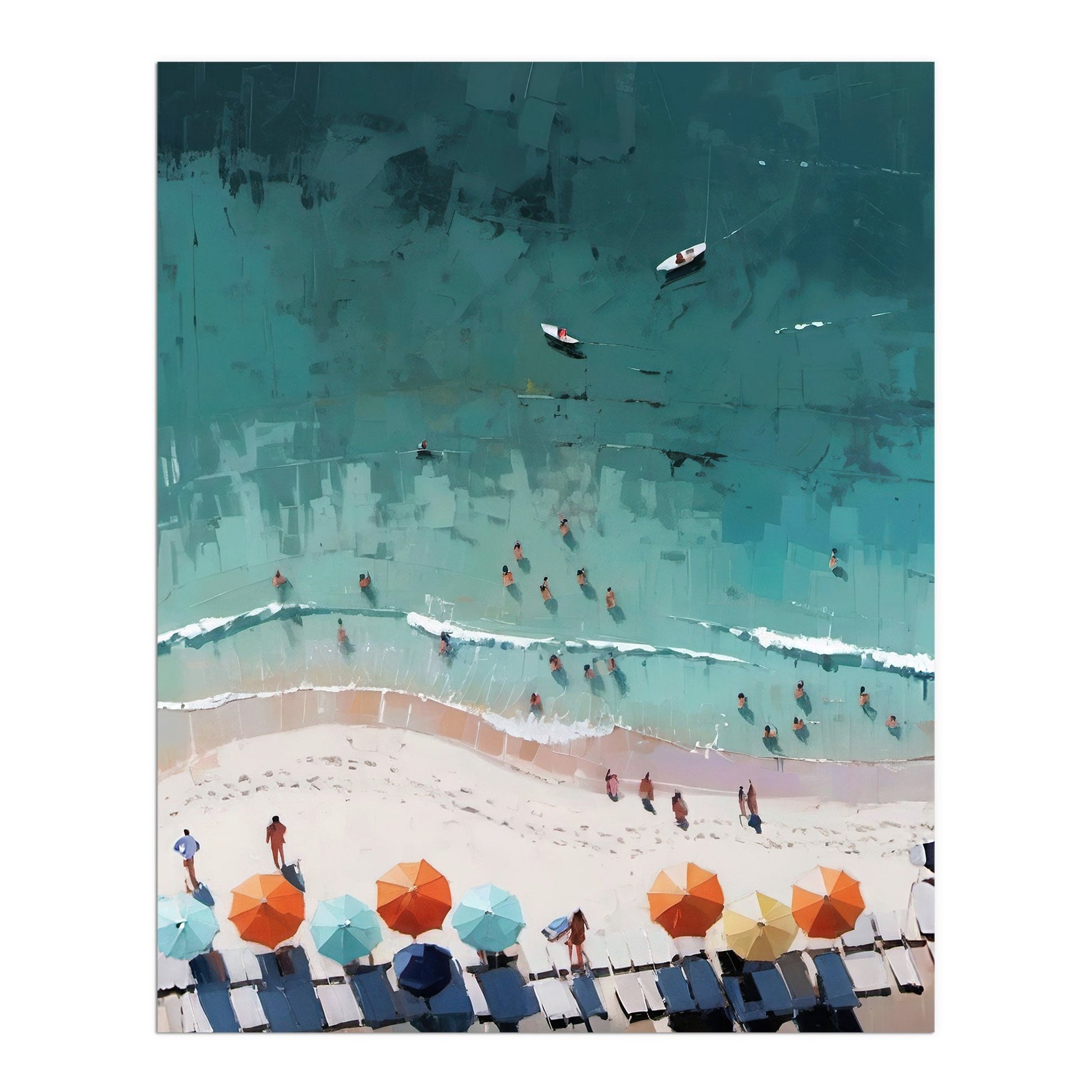 Abstract aerial view of a beach with sunbathers in the turquoise water, orange and blue umbrellas on the sand, and two boats in the sea.