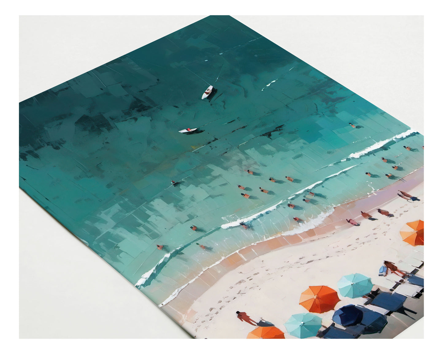 Close-up angled view of a greeting card featuring a textured, painterly beach scene with turquoise water, scattered swimmers, and rows of colorful umbrellas and lounge chairs on the sand.