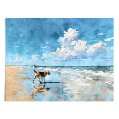 Watercolor-style coastal illustration of a tricolor beagle walking along the shoreline, reflected in wet sand. Soft ocean waves and a wide horizon sit beneath a bright blue sky with billowing white clouds, creating a calm, airy beach scene in a horizontal composition.