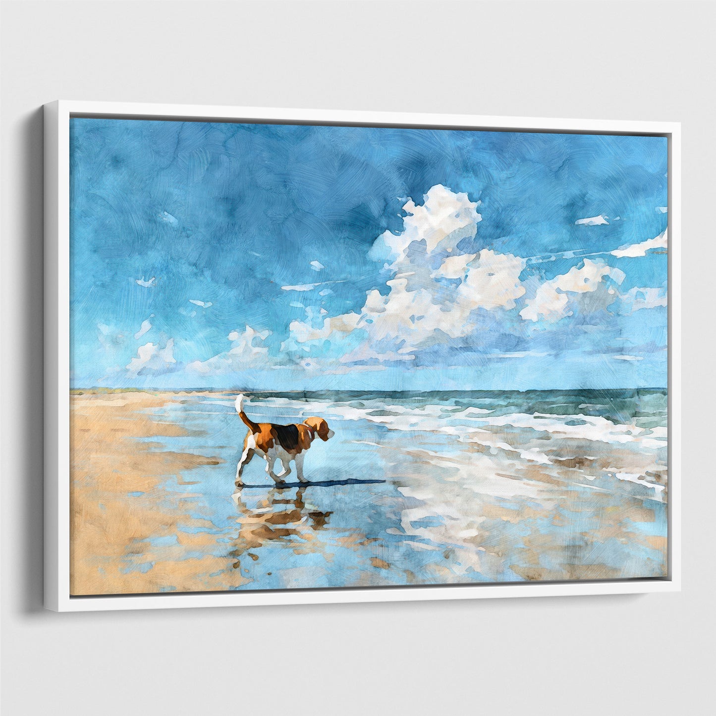 Float framed canvas print of a watercolor-style beagle walking along a beach shoreline, set in a white frame