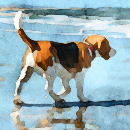 Close-up watercolor illustration of a tricolor beagle walking along a shoreline, with soft, fluid brushstrokes blending into blue ocean water and sky. The dog’s reflection appears in the wet sand, with loose, abstract textures and warm brown, black, and white tones against cool coastal blues.