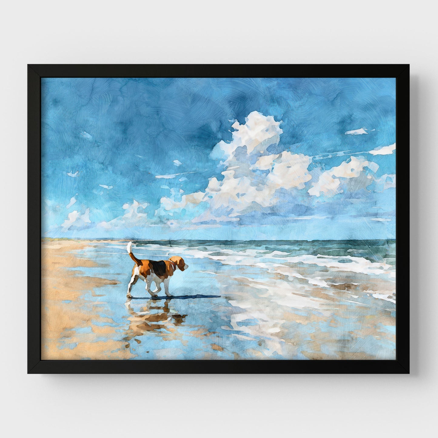 Black framed artwork of a beagle on a beach with a blue sky and clouds.