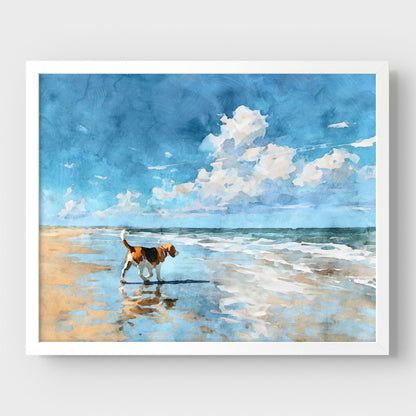 White framed artwork of a beagle on a beach with a blue sky and clouds.