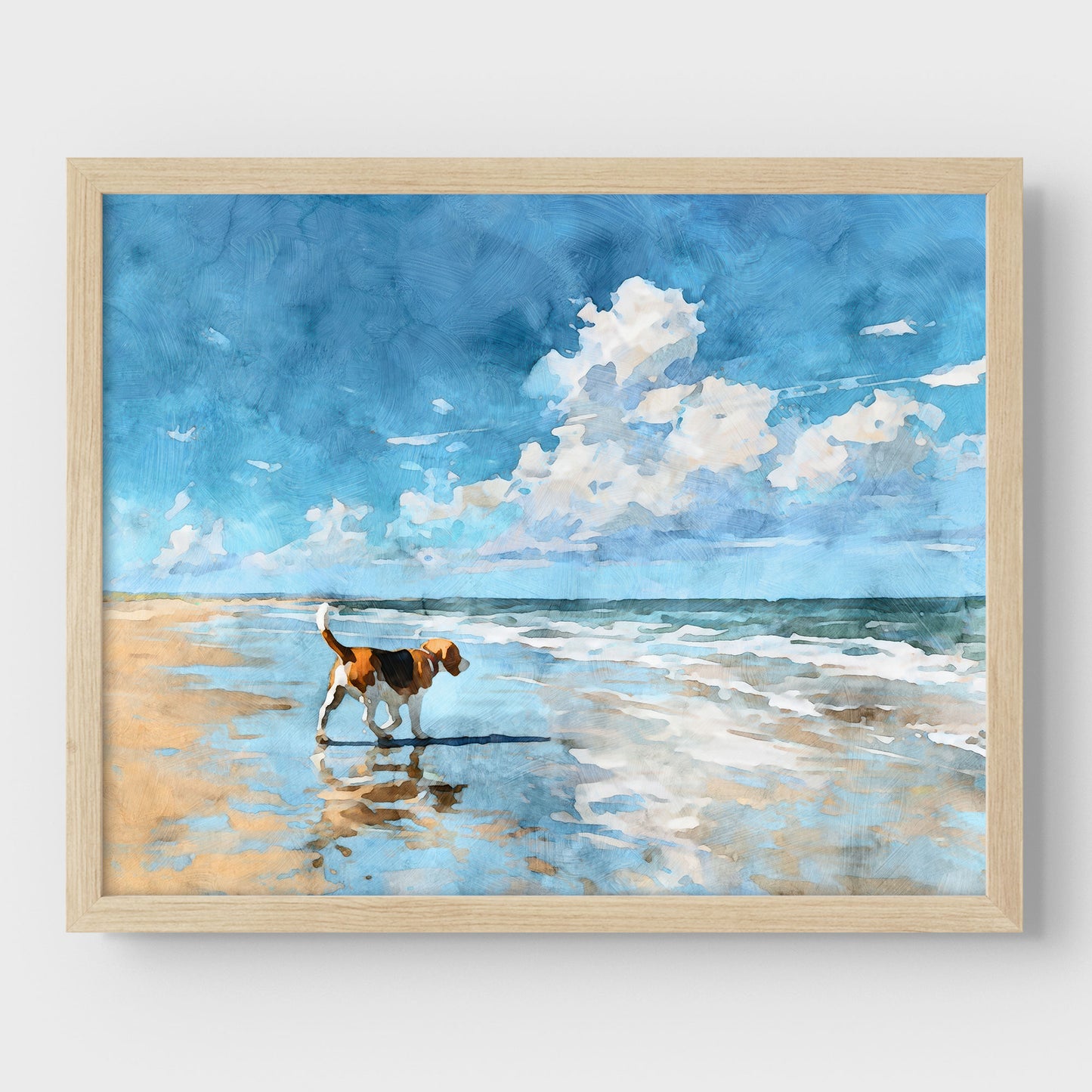 Natural wood framed artwork of a beagle on a beach with a blue sky and clouds.