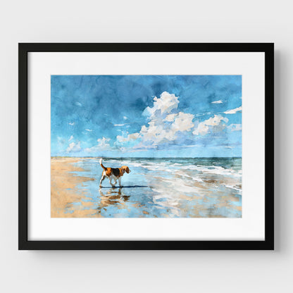 Black framed and matted artwork of a beagle on a beach with a blue sky and clouds.