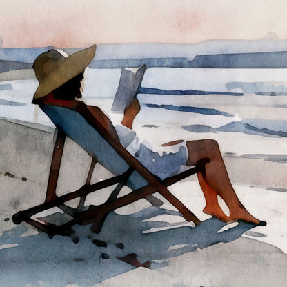 Close up of a watercolor-style artwork depicting a person lounging in a beach chair, reading a book at sunset. The figure is wearing a wide-brimmed hat, with the calm ocean and a distant horizon in the background.