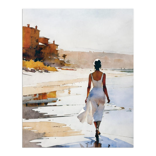 A watercolor-style painting of a woman in a flowing white dress walking along the shoreline at sunset. 