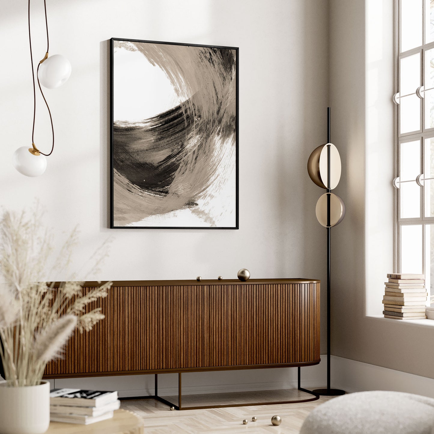 Curved Brushstroke Painting Black and Tan Abstract Print