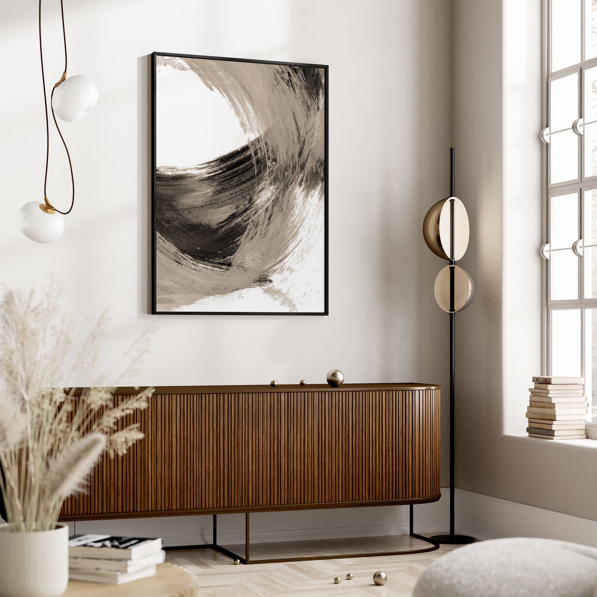 Curved Brushstroke Painting Black and Tan Abstract Print