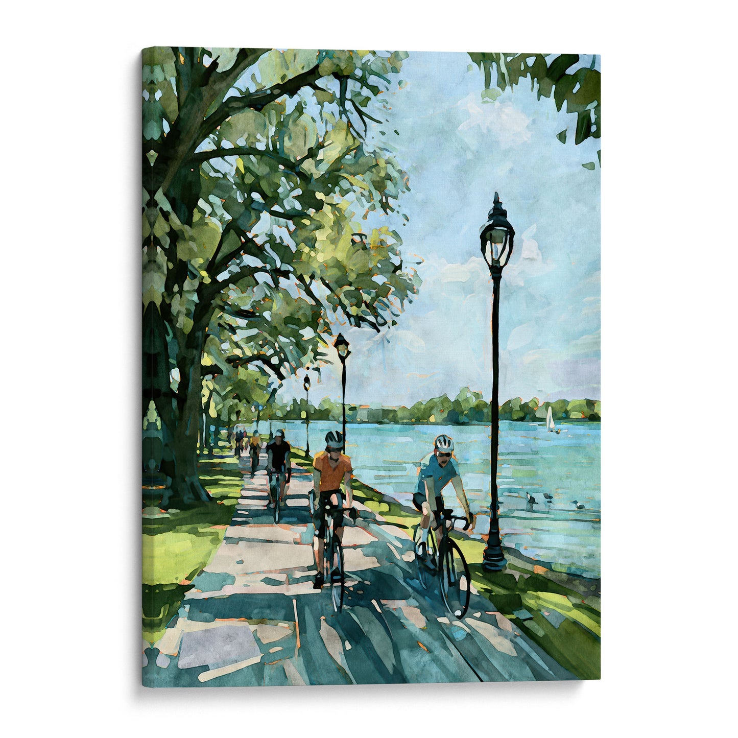 Gallery wrap canvas of Minneapolis cyclists riding along a sunny lakeside path.