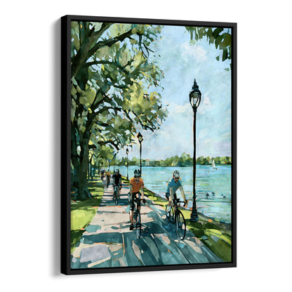 Minneapolis Chain of Lakes bicycle path canvas in a black float frame.