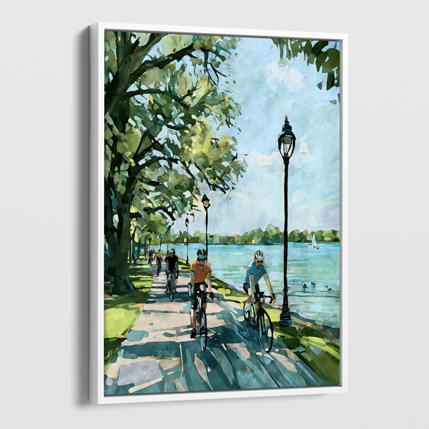 Watercolor-style Minneapolis lake cyclist canvas in a white float frame.