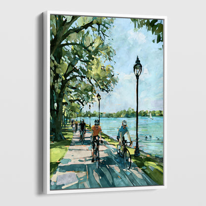 Watercolor-style Minneapolis lake cyclist canvas in a white float frame.