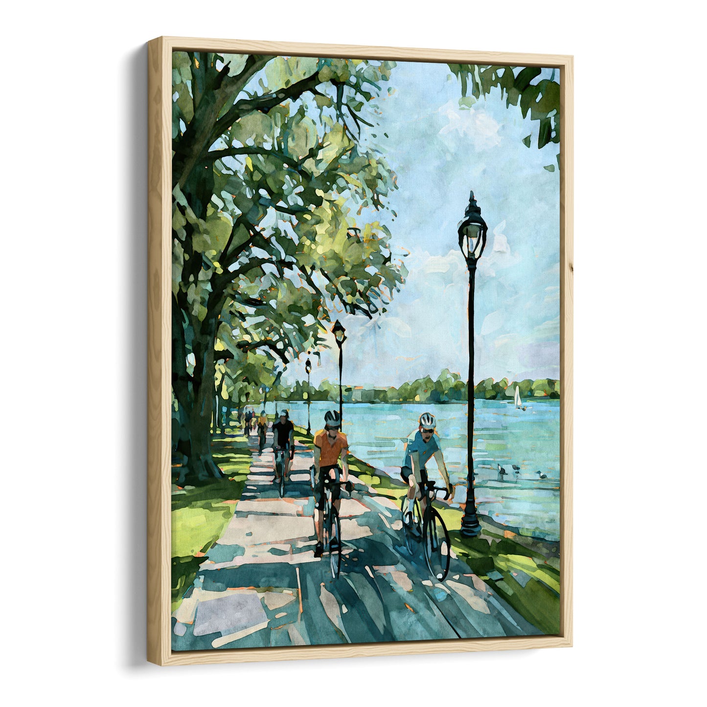 Minneapolis Chain of Lakes bike path canvas in a natural wood float frame.