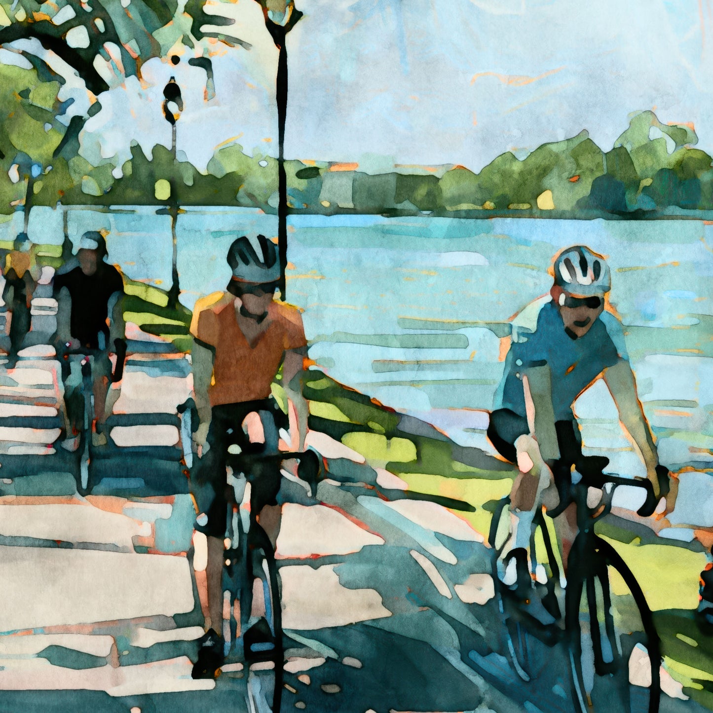 Close-up detail of watercolor-style bicyclists on a sunny Minneapolis lakeside path.