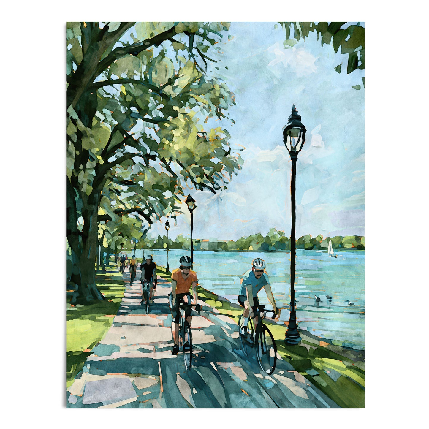 Watercolor-style artwork of cyclists riding beside a Minneapolis Chain of Lakes shoreline.