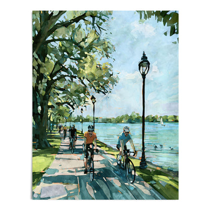 Watercolor-style artwork of cyclists riding beside a Minneapolis Chain of Lakes shoreline.