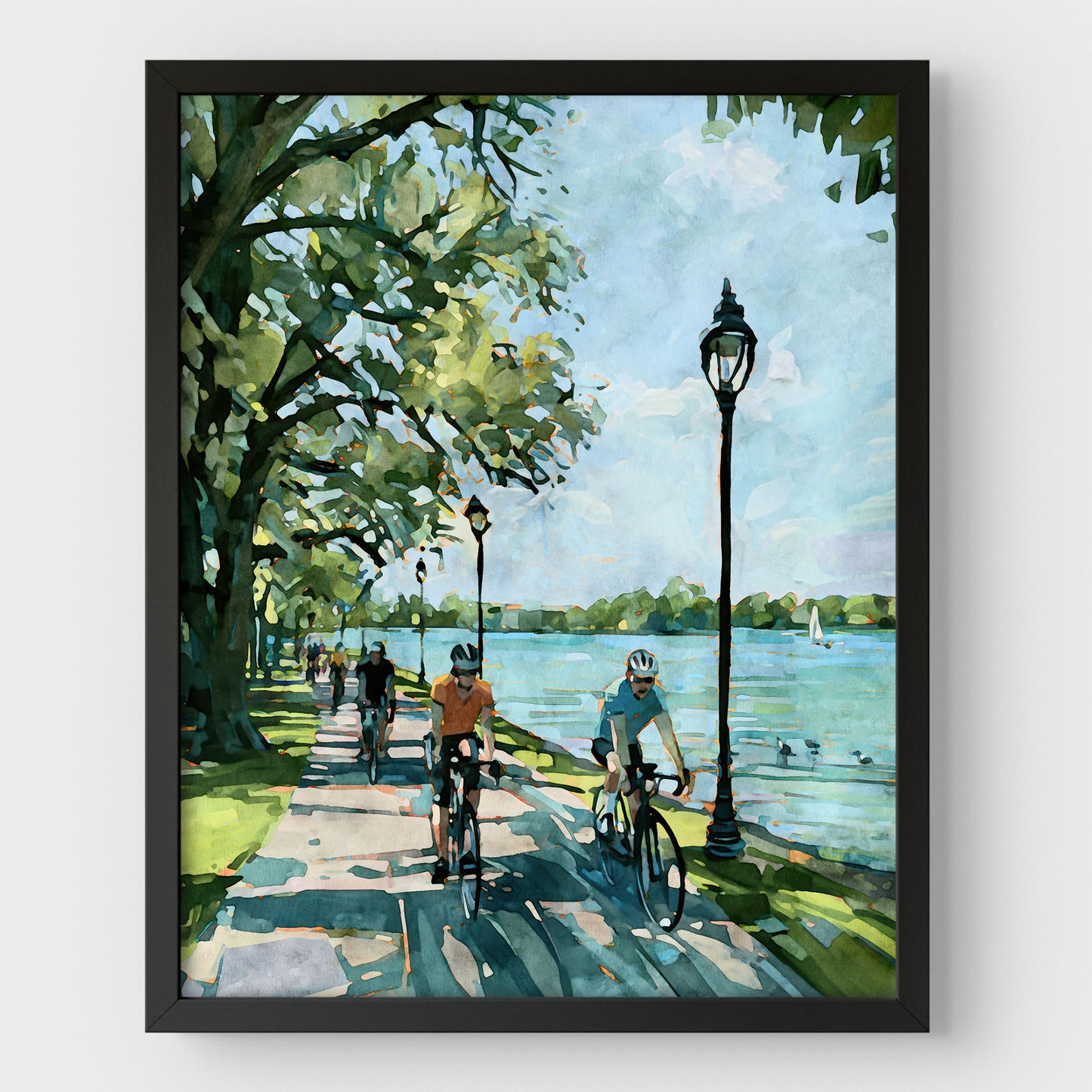Minneapolis Chain of Lakes bicycle path art print in a black frame.