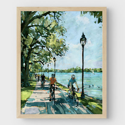 Watercolor-style Minneapolis Chain of Lakes bike path art print in a natural wood frame.