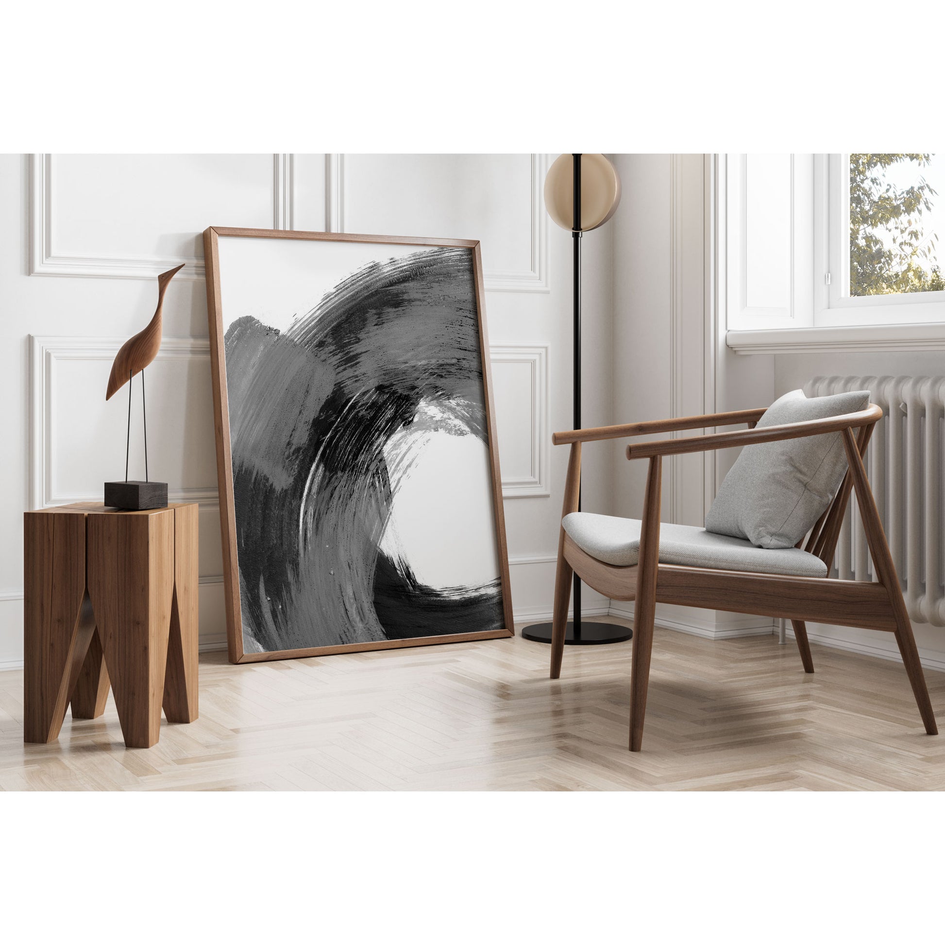 Curved Brushstroke Painting Black and Grey Abstract Print