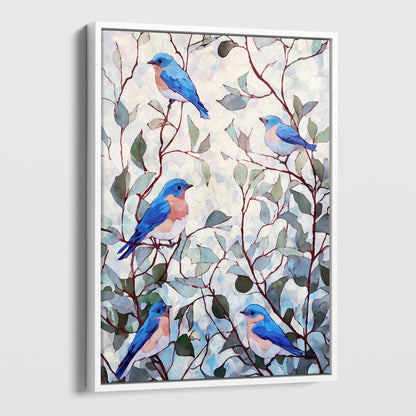 Eastern Bluebirds in Leafy Branches Art Print