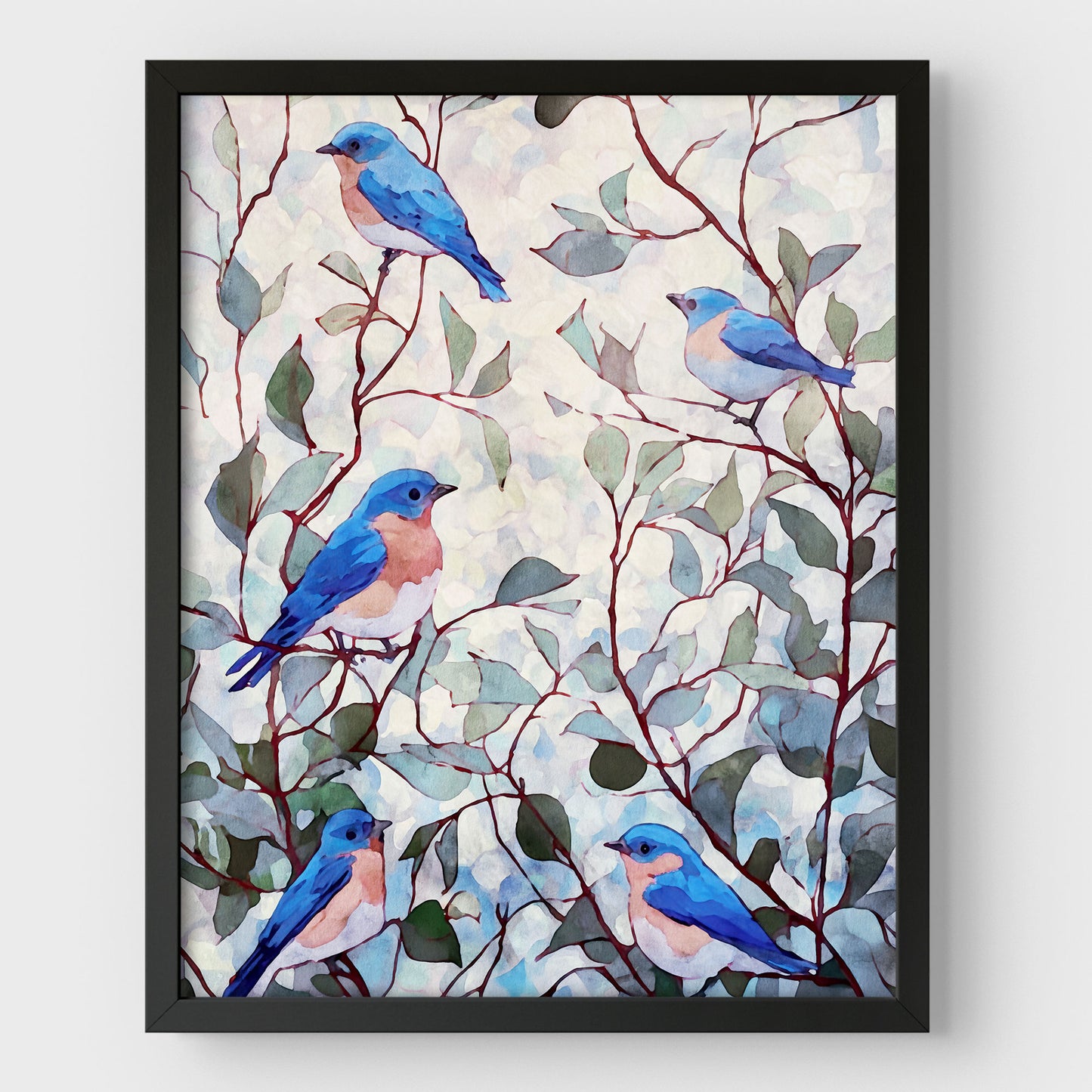 Eastern Bluebirds in Leafy Branches Art Print