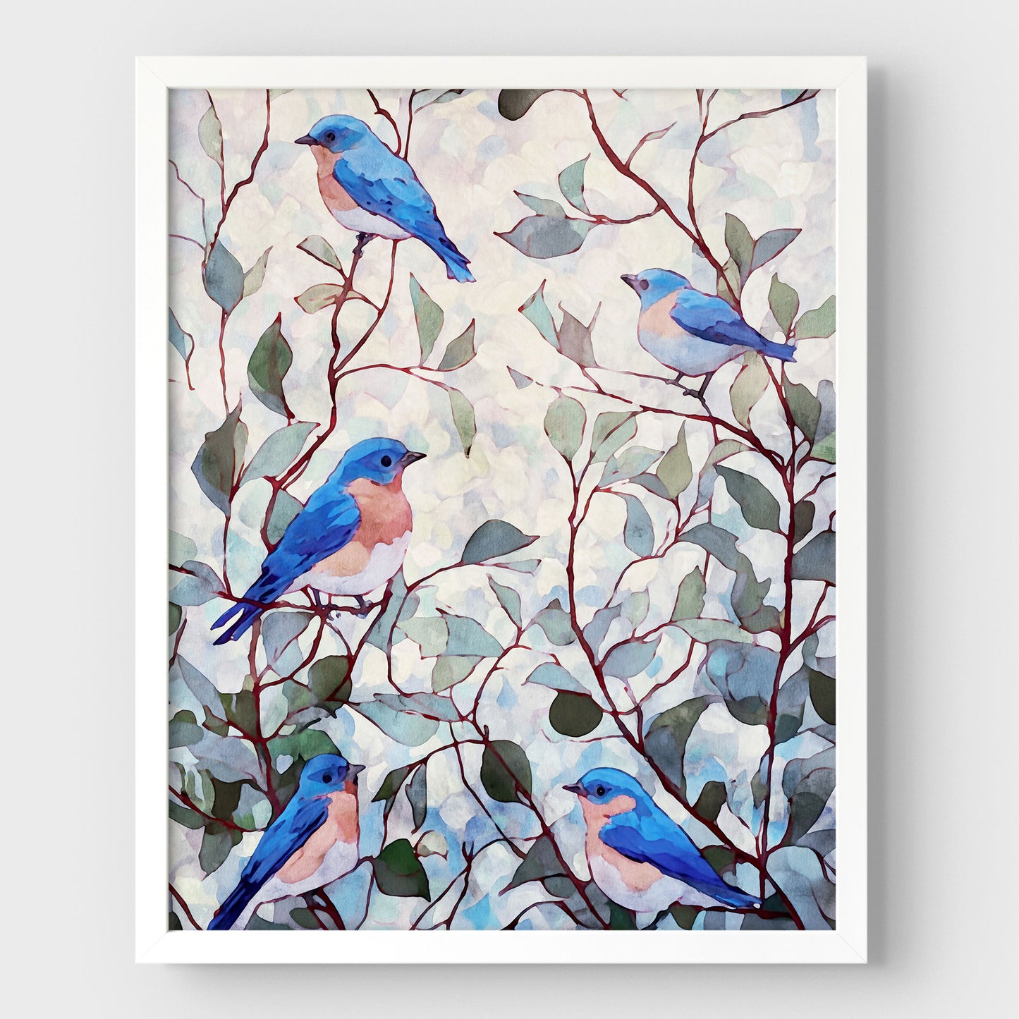 Eastern Bluebirds in Leafy Branches Art Print
