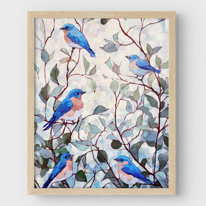 Eastern Bluebirds in Leafy Branches Art Print