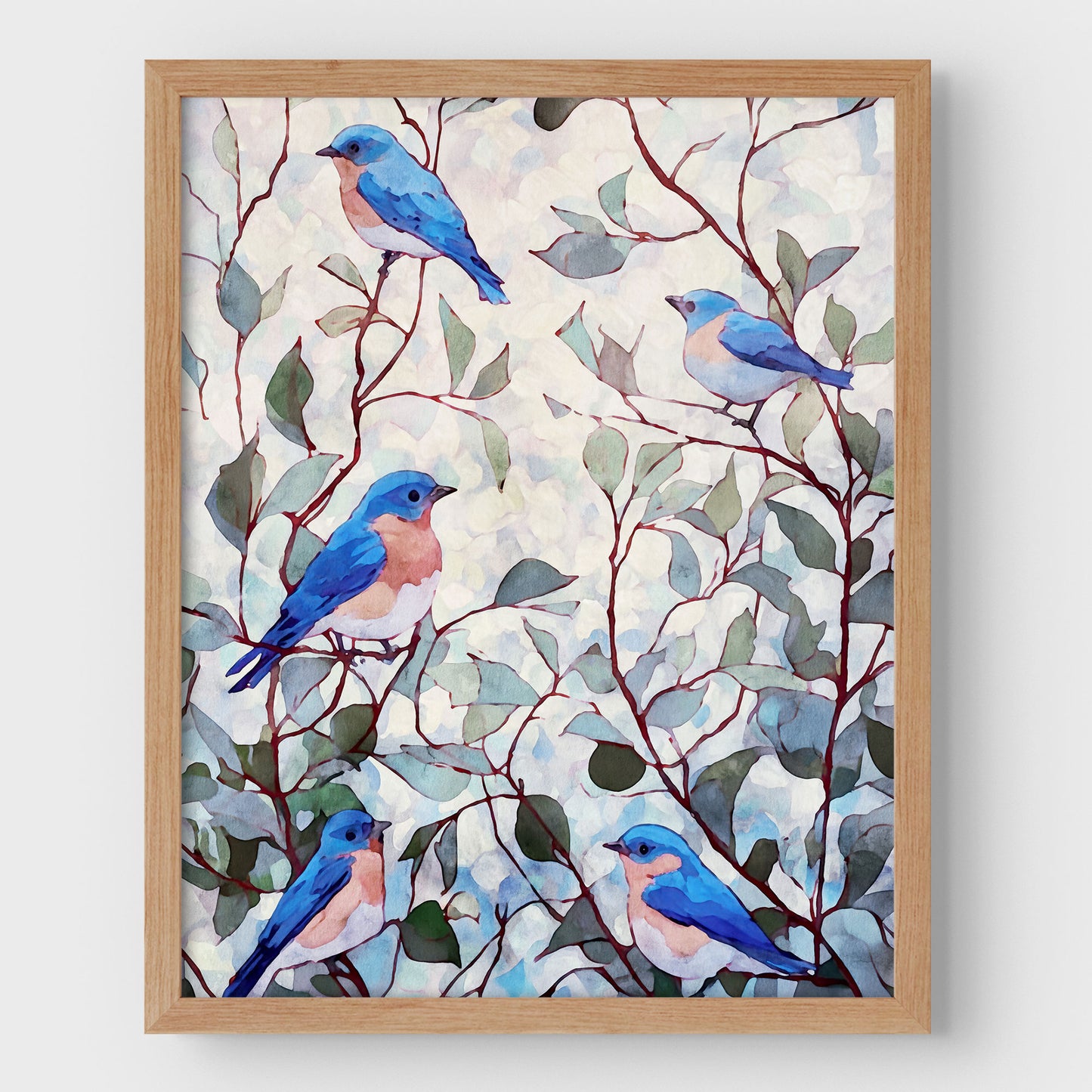 Eastern Bluebirds in Leafy Branches Art Print