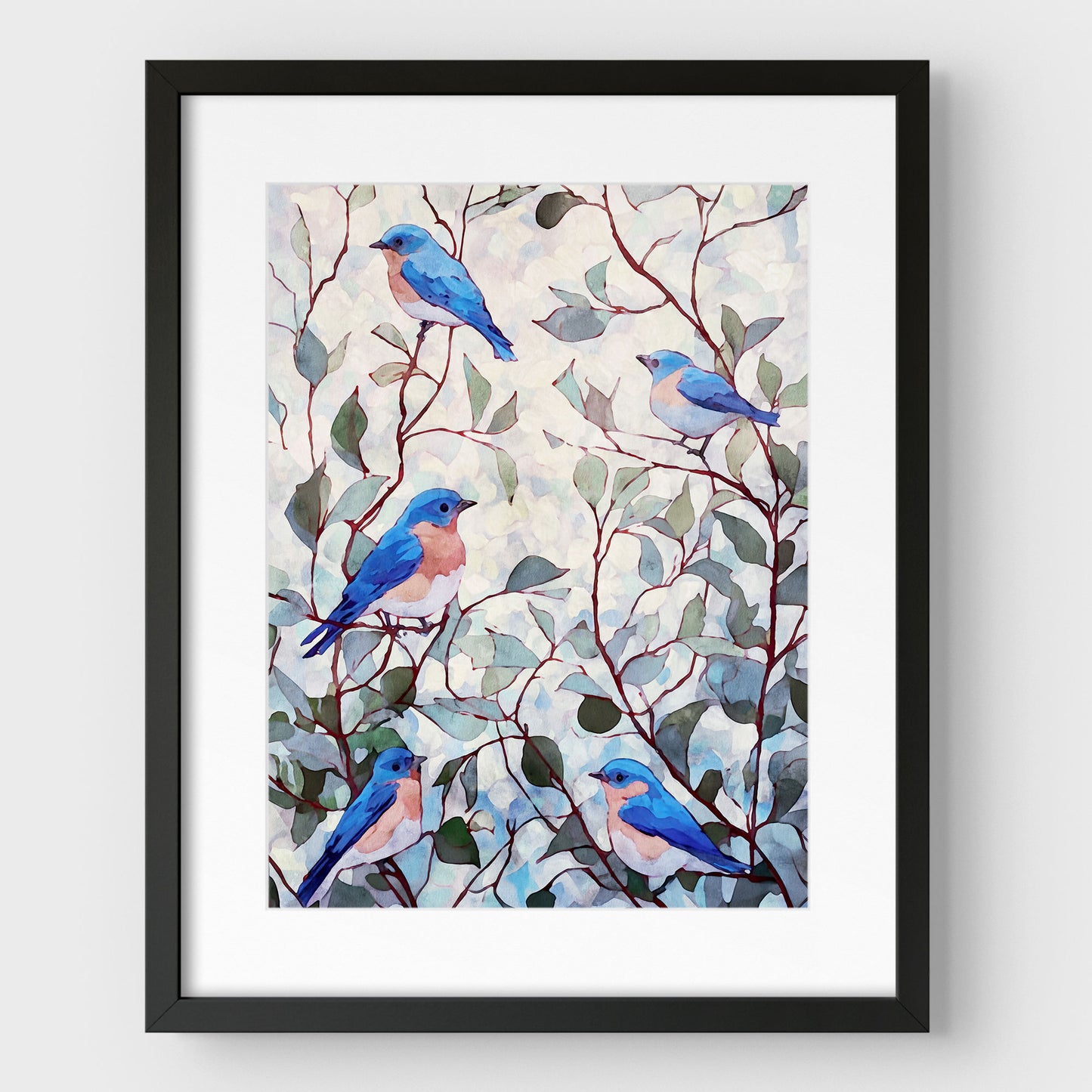 Eastern Bluebirds in Leafy Branches Art Print
