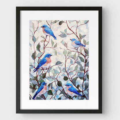 Eastern Bluebirds in Leafy Branches Art Print