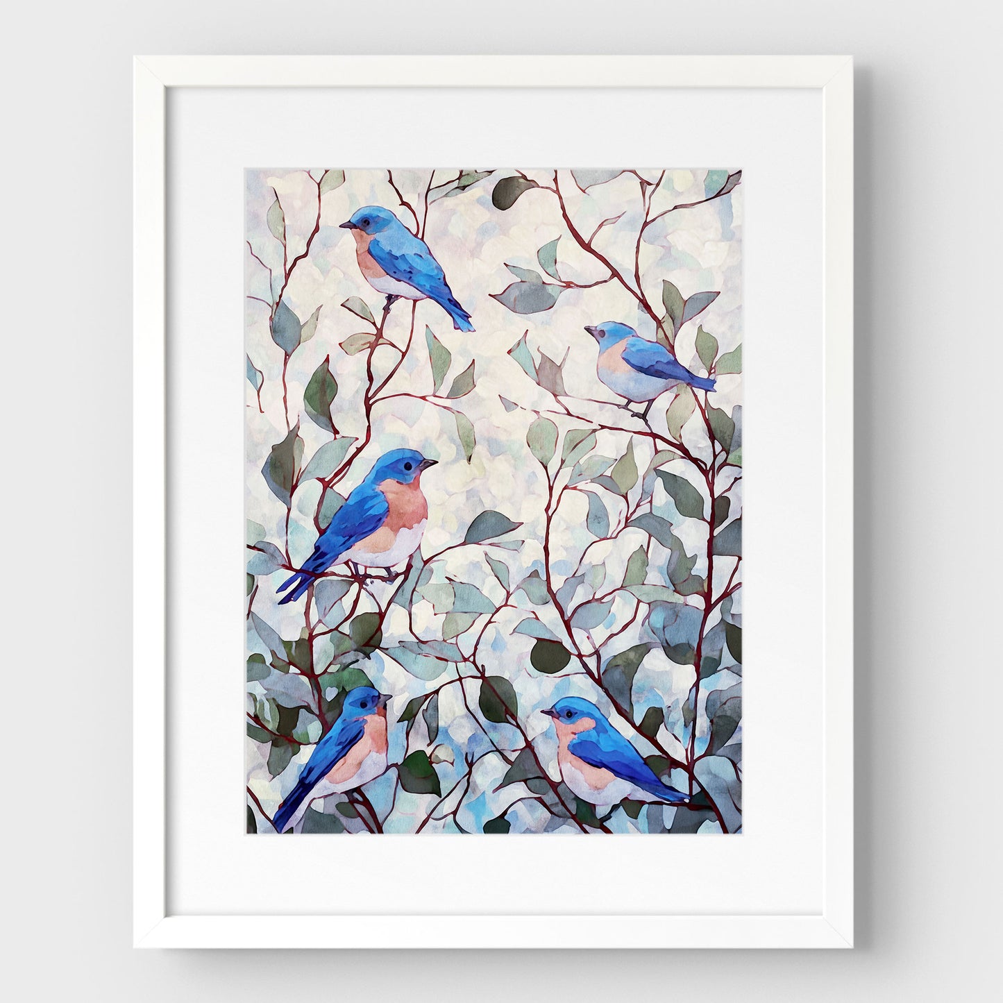 Eastern Bluebirds in Leafy Branches Art Print