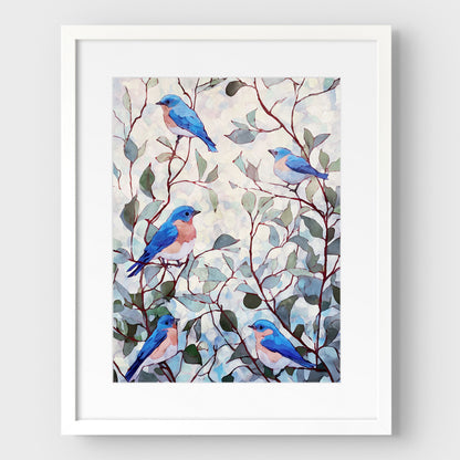 Eastern Bluebirds in Leafy Branches Art Print