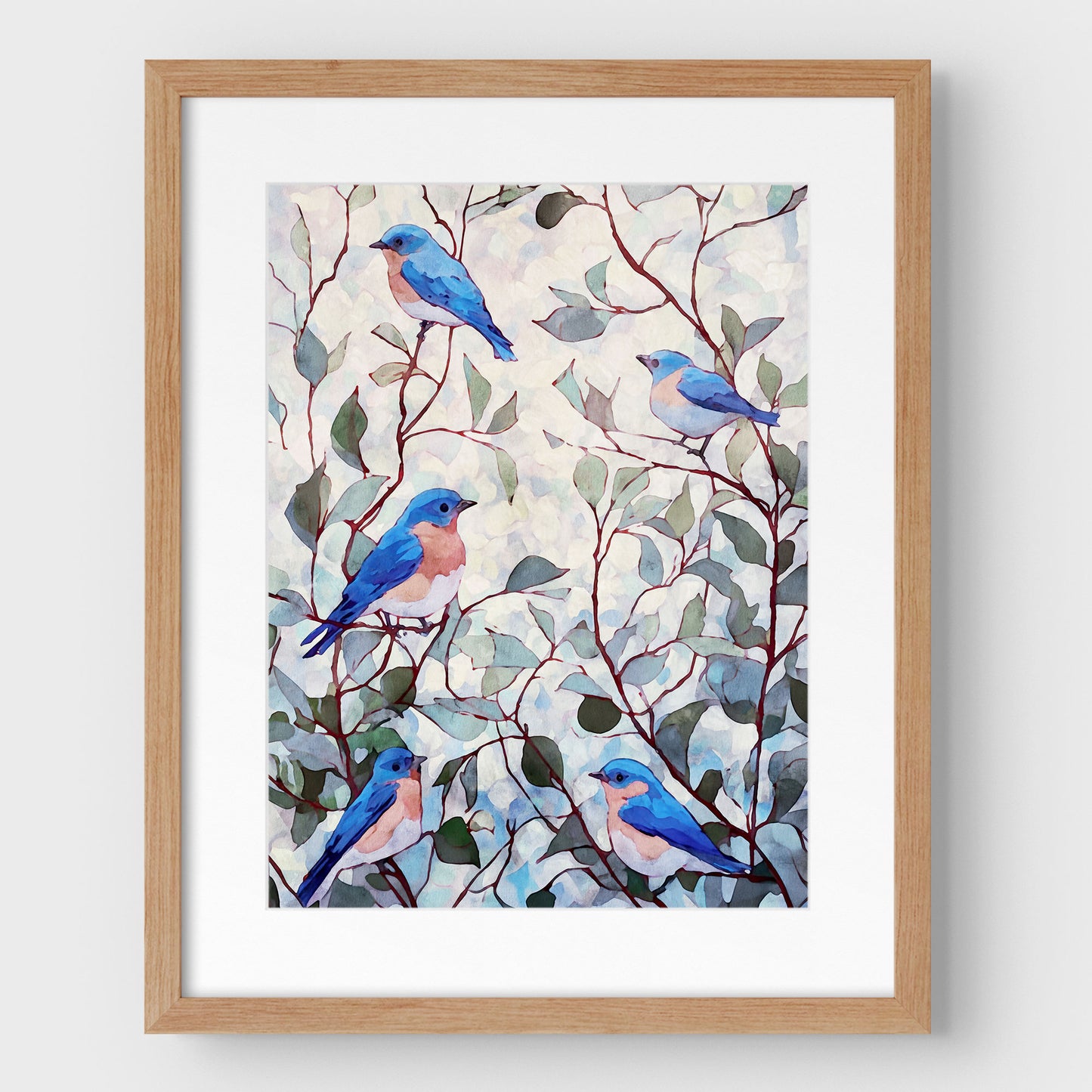 Eastern Bluebirds in Leafy Branches Art Print